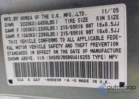 2006 Honda Cr-V Lx z USA, uszkodzony, nr VIN SHSRD78586U416255